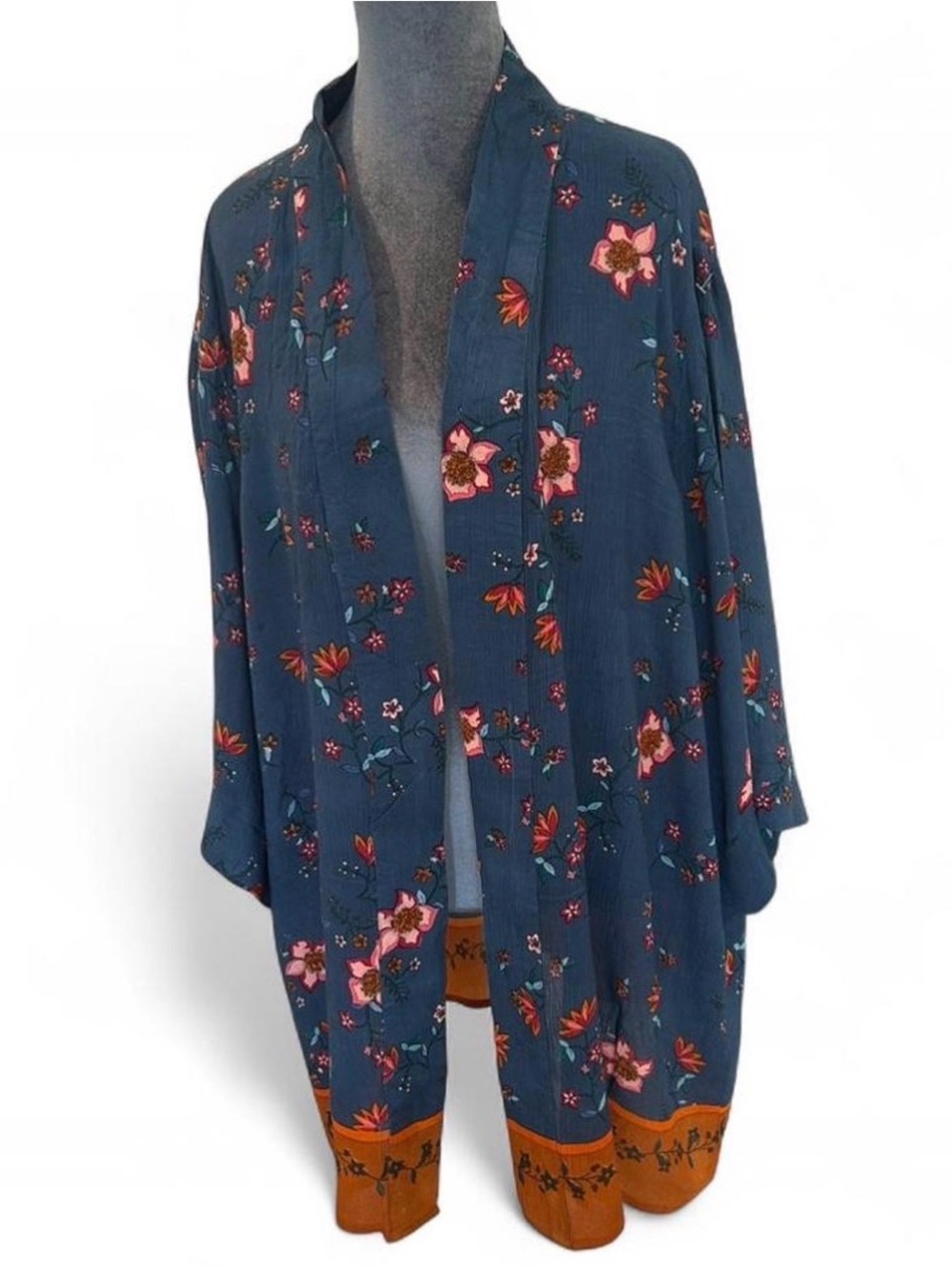 Blue Rain Navy Floral Open-Front Kimono with Rust Trim